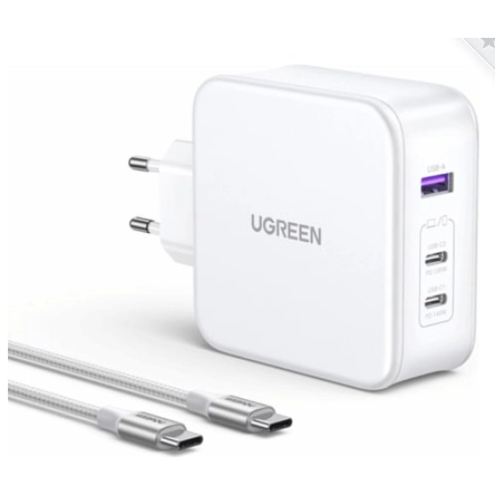 Kućni punjač UGREEN Nexode, 140W, 3-Port PD GaN Fast Charger EU, bijeli