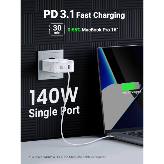 Kućni punjač UGREEN Nexode, 140W, 3-Port PD GaN Fast Charger EU, bijeli