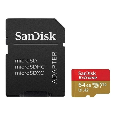 Memorijska kartica SANDISK, microSDXC, 64 GB, SDSQXAH-064G-GN6MA Extreme, A1 C10 V30 UHS-I U3, R170MB/s / W80MB/s + SD Adapter   - SanDisk