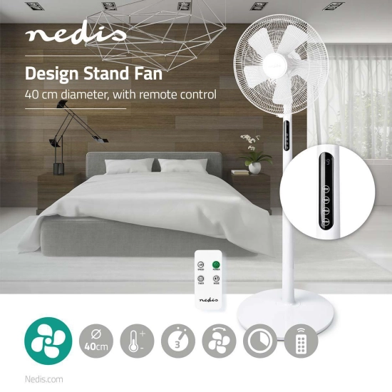 Ventilator NEDIS FNST16CWT40, promjer 40 cm, 45W, 3 brzine, daljinski upravljač, LED zaslon, tajmer, bijela Ventilator NEDIS FNST16CWT40, promjer 40 cm, 45W, 3 brzine, daljinski upravljač, LED zaslon, tajmer, bijela
