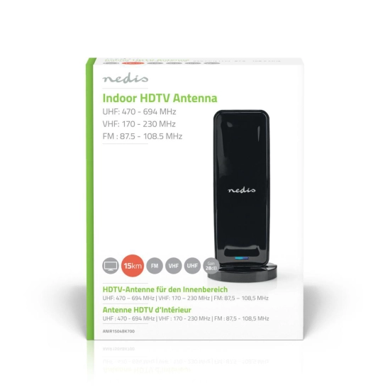 Antena NEDIS ANIR1504BK700, FM, DAB+, DVB-T/T2, 0-15km, aktivna, filter LTE700, 26 dB, crna