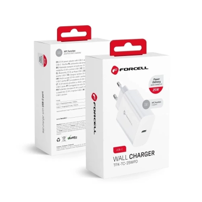 Kućni punjač FORCELL, USB C, 25W, PD Quick Charge 4.0, bijeli   - Punjači za smartphone