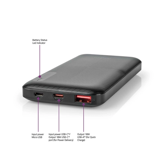 Prijenosno napajanje powerbank NEDIS UPBKPD10000BK, 10.000 mAh, 1x USB-C, 1x USB-A, crno