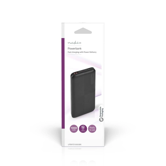 Prijenosno napajanje powerbank NEDIS UPBKPD10000BK, 10.000 mAh, 1x USB-C, 1x USB-A, crno