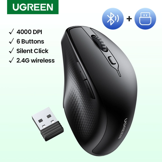 Miš UGREEN, bežični, ergonomski, Bluetooth, SILENT, 4000 DPI, crni