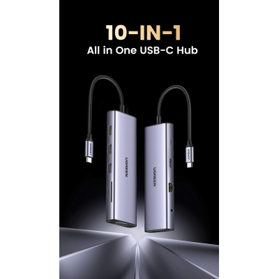 USB HUB UGREEN, USB-C na 3xUSB 3.0 A, VGA, HDMI,  RJ45 Gigabit, SD/TF, PD,3.5mm sivi   - UGreen