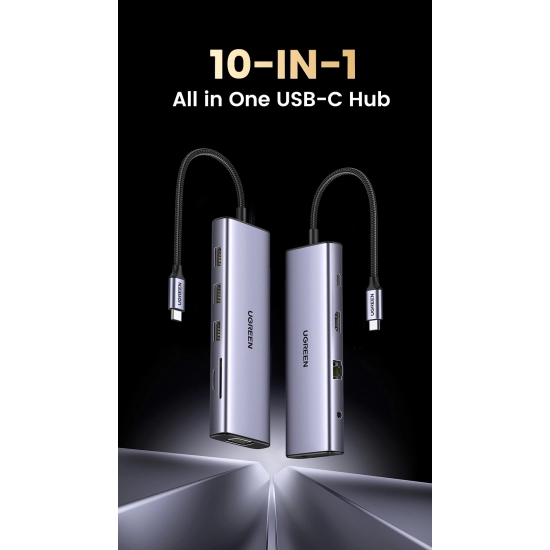 USB HUB UGREEN, USB-C na 3xUSB 3.0 A, VGA, HDMI,  RJ45 Gigabit, SD/TF, PD,3.5mm sivi