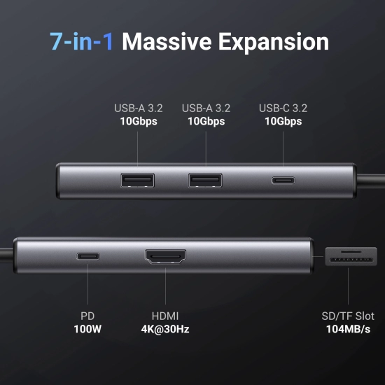 USB HUB UGREEN, USB-C na 2x USB-A 3.2, USB-C, HDMI 4K@30Hz, čitač kartica SD/TF, Power Delivery, sivi