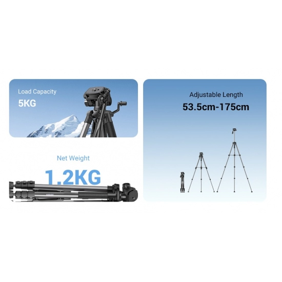 Stativ tripod za foto i video UGREEN LP661, nosivost 5kg, visina 53.5-175cm, 360° Pan,180° Tilt, za mobitele, akcijske kamere, DSLR fotoaparate, ručne kamkordere, projektore 