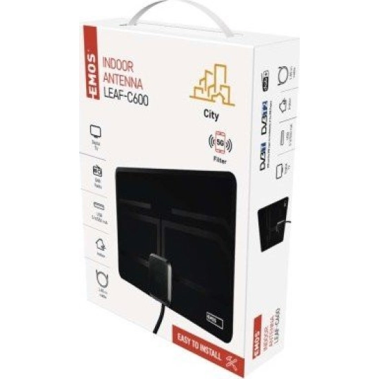 Antena EMOS CITY LEAF-C600, DVB-T/T2, DAB, LTE,4G,5G filteri, 0-25km, sobna, aktivna, crna Antena EMOS CITY LEAF-C600, DVB-T/T2, DAB, LTE,4G,5G filteri, 0-25km, sobna, aktivna, crna