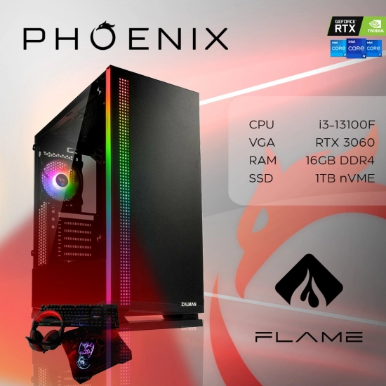 Računalo gaming PHOENIX FLAME Y-524, Intel i3-13100F, 16GB, 1TB SSD, GeForce RTX 3060