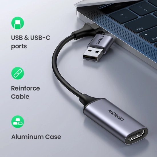 Video capture card UGREEN, USB C/ A na HDMI, crna [ USB3.0 A/F to A/F Adapter Aluminum Case ]