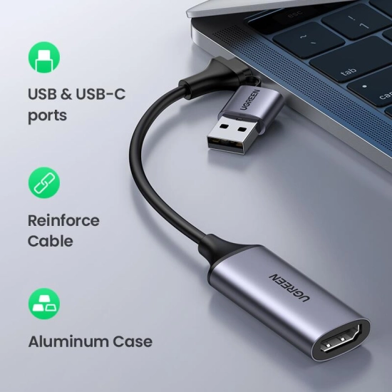 Video capture card UGREEN, USB C/ A na HDMI, crna [ USB3.0 A/F to A/F Adapter Aluminum Case ]