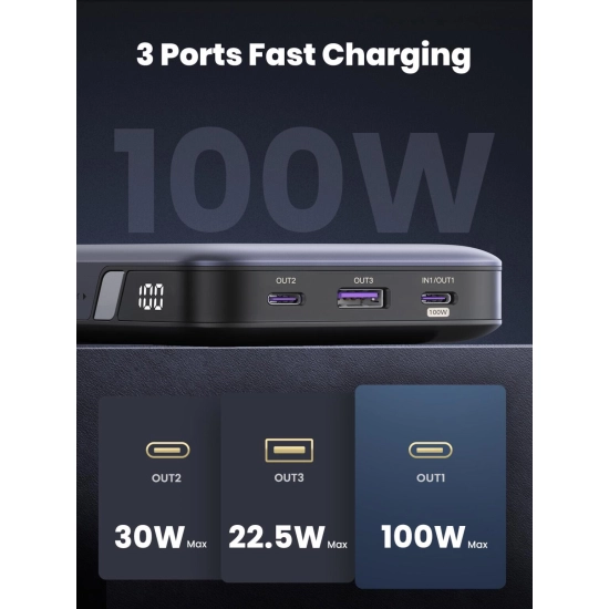 Prijenosno napajanje powerbank UGREEN Nexode, 20.000 mAh, 100W, Fast Charging, USB C, Power Delivery 3.0, srebrni