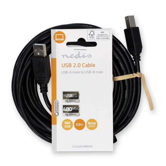 Kabel NEDIS CCGL60100BK50, USB A 2.0 (M) na USB B 2.0 (M), crni, 5m, bulk