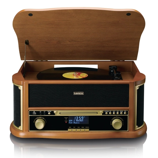 Gramofon LENCO Classic Phono TCD-2571WD, Radio/CD Player, Kasetofon, Bluetooth, RCA izlaz, USB, AUX in, 3.5mm, zvučnici 2x 5W, LCD Zaslon, daljinski upravljač