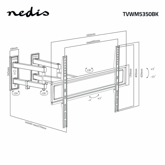 Nosač zidni za TV NEDIS TVWM5350BK, 22-70incha, 40kg, 15° nagib, rotacija 90° 