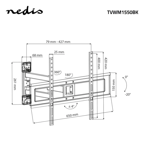 Nosač zidni za TV NEDIS TVWM1550BK, 37-70incha, 25kg, 20° nagib, rotacija 180° Nosač zidni za TV NEDIS TVWM1550BK, 37-70incha, 25kg, 20° nagib, rotacija 180°