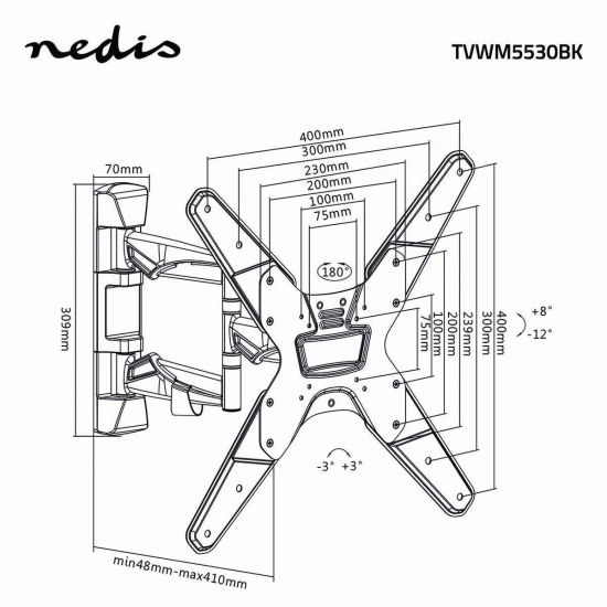 Nosač zidni za TV NEDIS TVWM5530BK, 23-55incha, 30kg, 20° nagib, rotacija 180° Nosač zidni za TV NEDIS TVWM5530BK, 23-55incha, 30kg, 20° nagib, rotacija 180°