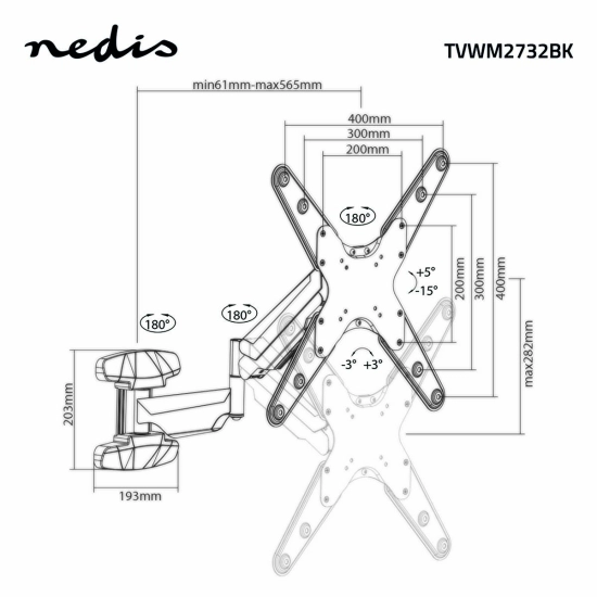 Nosač zidni za TV NEDIS TVWM2732BK, 23-55incha, 30kg, vertikalno pomicanje 0-282mm, 15° nagib, rotacija 180° 