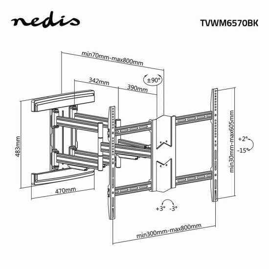 Nosač zidni za TV NEDIS TVWM6570BK, 43-100incha, 70kg, 15° nagib, rotacija 180° 