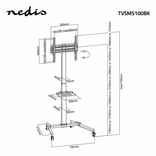 Nosač podni za TV NEDIS TVSM5100BK, podizanje 1160/1210/1260/1310/1360/1410/1460/1510 mm, 32-55incha, 35kg Nosač podni za TV NEDIS TVSM5100BK, podizanje 1160/1210/1260/1310/1360/1410/1460/1510 mm, 32-55incha, 35kg