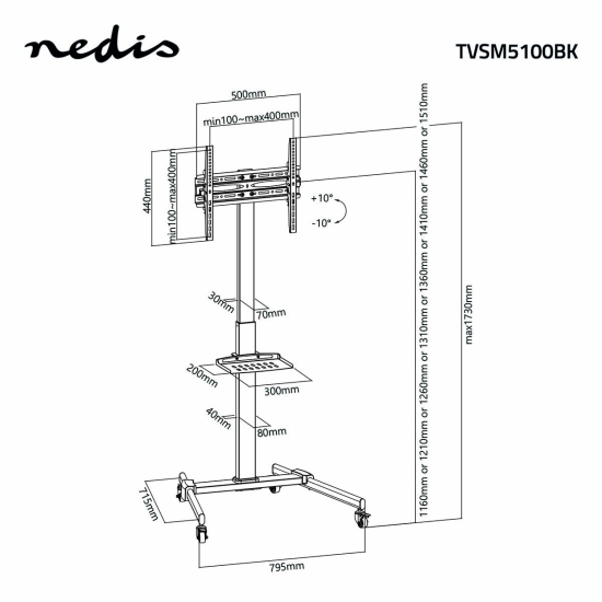 Nosač podni za TV NEDIS TVSM5100BK, podizanje 1160/1210/1260/1310/1360/1410/1460/1510 mm, 32-55incha, 35kg