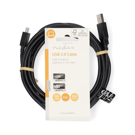 Kabel NEDIS CCGL60300BK30, USB A 2.0 (M) na USB Mini B (M), crni, 3m, bulk Kabel NEDIS CCGL60300BK30, USB A 2.0 (M) na USB Mini B (M), crni, 3m, bulk