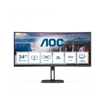 Monitor 34incha AOC CU34V5C, WQHD, VA, 100Hz, 1ms, 300cd/m2, 3000:1, USB-C, 4x USB, zakrivljeni, zvučnici, crni   - AOC