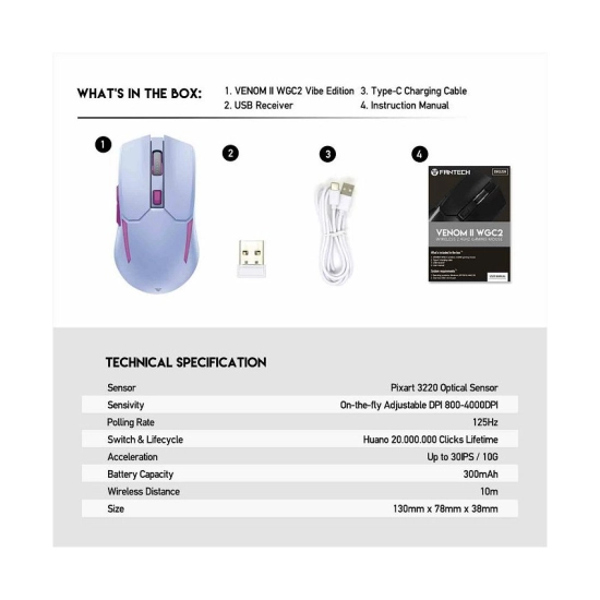 Miš FANTECH Venom II WGC2-PE, Gaming, optički, bežični, 4000 DPI, ljubičasti Miš FANTECH Venom II WGC2-PE, Gaming, optički, bežični, 4000 DPI, ljubičasti
