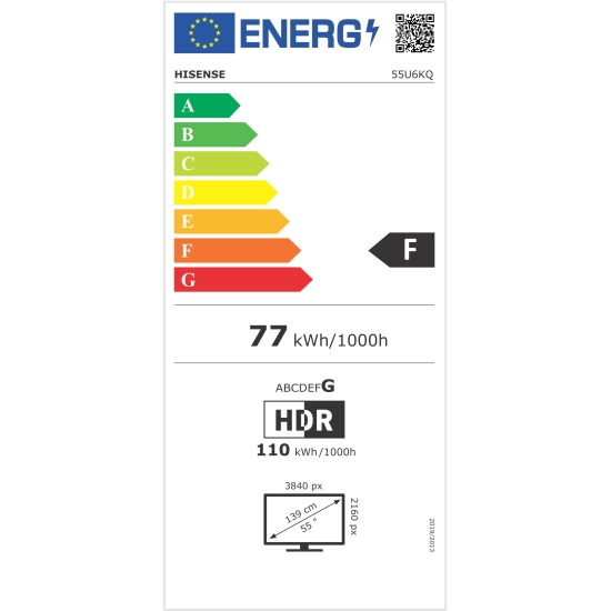 Televizor LED 55incha HISENSE 55U6KQ, ULED/Mini LED, Smart, 4K UHD, DVB-T2/T/C/S2/S, HDMI, Wi-Fi, USB, energetski razred F