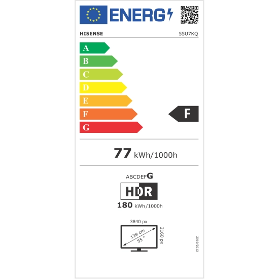 Televizor LED 55incha HISENSE 55U7KQ, ULED/Mini LED, Smart, 4K UHD, DVB-T2/T/C/S2/S, HDMI, Wi-Fi, USB, Game mode 144Hz, energetski razred F