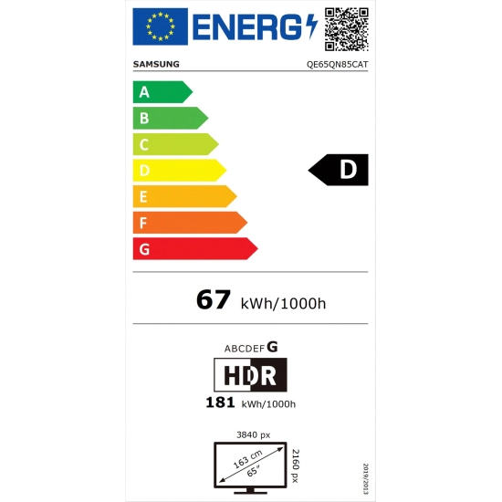 Televizor QLED 65incha SAMSUNG QE65QN85CATXXH, Smart TV, 4K UHD, DVB-T2/C/S2, HDMI, Wi-Fi, USB, energetski razred D