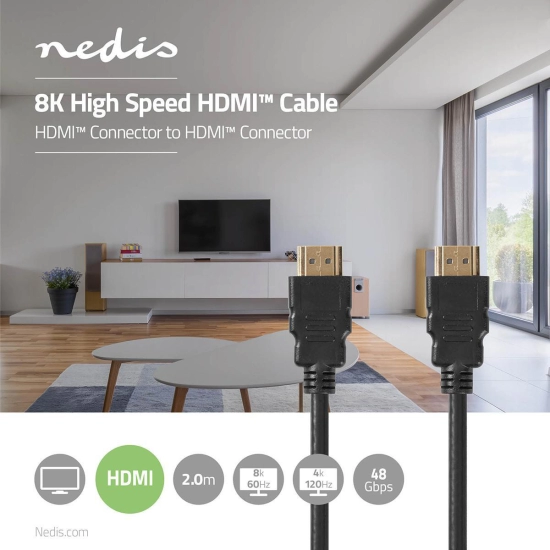 Kabel NEDIS CVGP35000BK20, HDMI (M) na HDMI (M), crni, 2m, 8K@60Hz, eARC, pozlaćeni