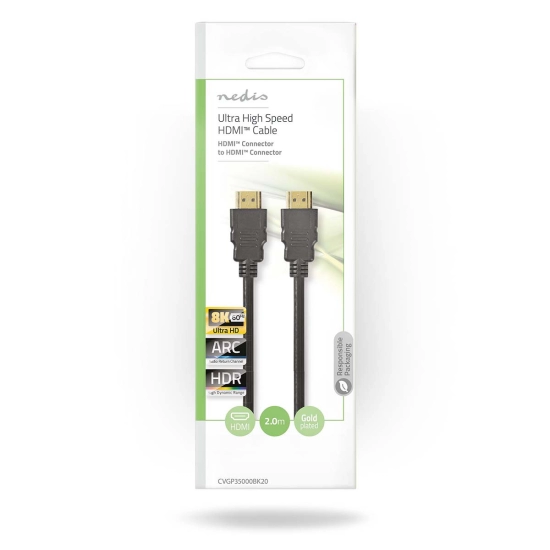 Kabel NEDIS CVGP35000BK20, HDMI (M) na HDMI (M), crni, 2m, 8K@60Hz, eARC, pozlaćeni