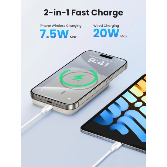 Prijenosno napajanje powerbank UGREEN, 10.000 mAh, bežično punjenje do 15W, USB C, Power Delivery do 20W, bijeli