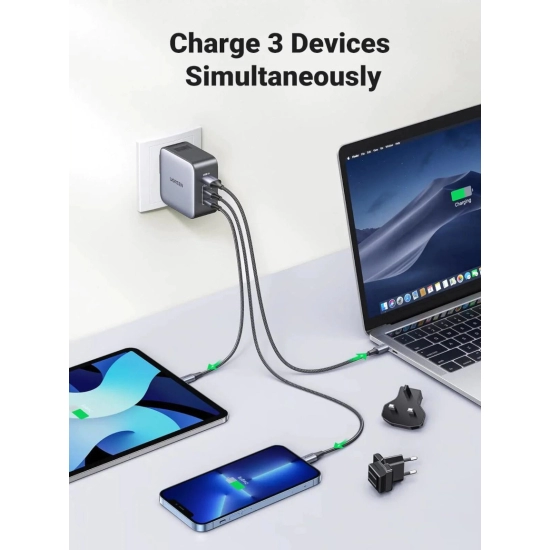 Putni punjač UGREEN Nexode, US/UK/EU, 65W, 2x USB-C PD3.0, USB-A, QC 4.0, GaN, sivi