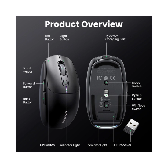 Miš UGREEN, bežični, Bluetooth, USB A, crni