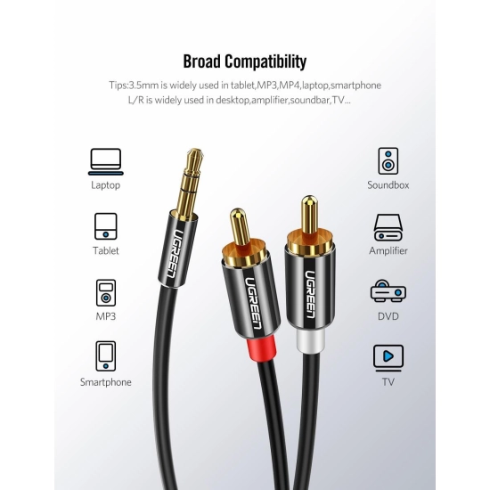 Kabel UGREEN, 3.5mm (M) na 2xRCA (M), pozlaćeni, 3m