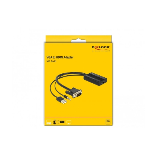 Adapter DELOCK, VGA (M) na HDMI (Ž), USB 2.0 A 3.5mm, crni