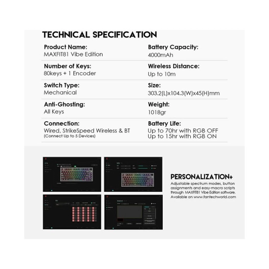 Tipkovnica FANTECH MAXFIT81 Royal Prince MK910, mehanička, crveni switch, bežična, Bluetooth, US Layout, OLED Ekran, bijelo zelena