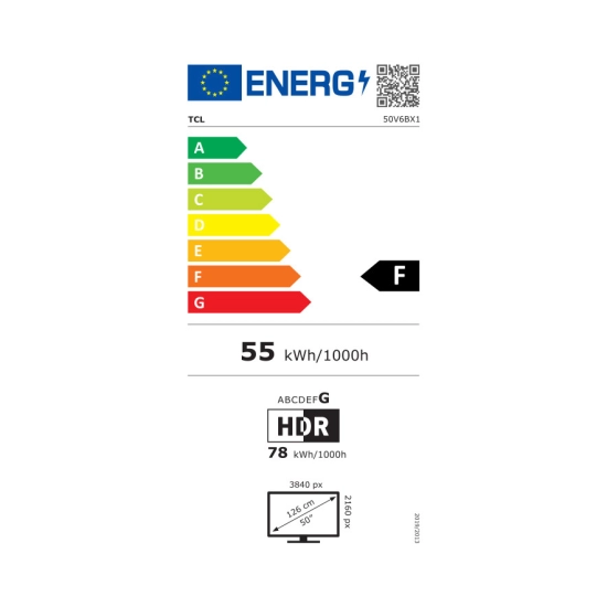 Televizor LED 50incha TCL 50V6B, Google TV, 4K UHD, DVB-T2/C/S2, HDMI, Wi-Fi, USB, energetski razred F