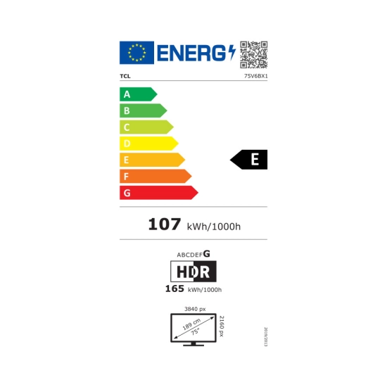 Televizor LED 75incha TCL 75V6B, Google TV, 4K UHD, DVB-T2/C/S2, HDMI, Wi-Fi, USB, energetski razred E