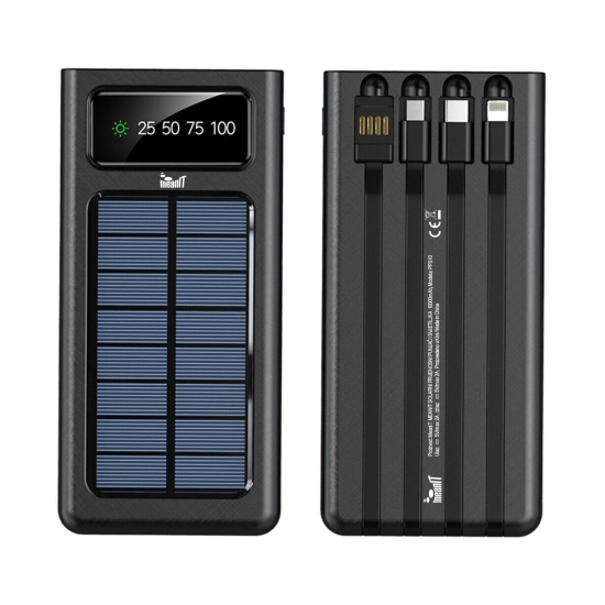 Prijenosno napajanje powerbank MEANIT, 10.000 mAh, USB C/Lightning/Micro B/USB A, solarno punjenje, svjetiljka, crni