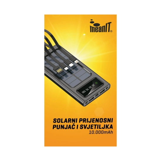 Prijenosno napajanje powerbank MEANIT, 10.000 mAh, USB C/Lightning/Micro B/USB A, solarno punjenje, svjetiljka, crni