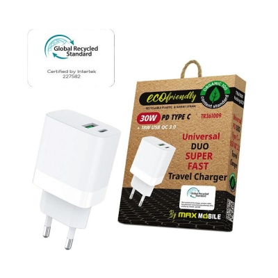 Kućni punjač MAXMOBILE DUO TR-361009 ECO, 30W + 18W, USB C, USB A, Power Delievry, Qucik Charge 3.0, bijeli  