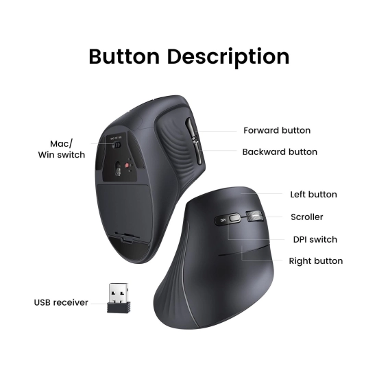 Miš UGREEN, vertikalni, bežični, 4000 DPI, Bluetooth, crni Miš UGREEN, vertikalni, bežični, 4000 DPI, Bluetooth, crni
