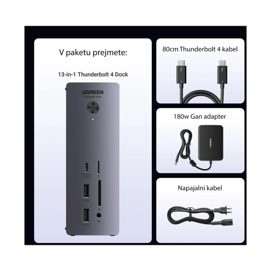 Docking station UGREEN Revodok Max 13u1, USB-C na DisplayPort, Thunderbolt 4, USB-C, RJ45, čitač kartica TF/SD, 3.5mm