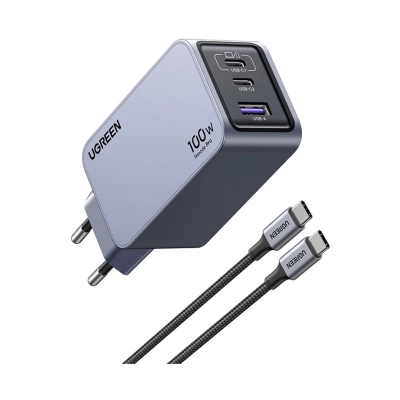Kućni punjač UGREEN Nexode Pro, 100W, 2x USB C, USB A, kabel USB C (M) na USB C (M), GaN, sivi   - Punjači za smartphone