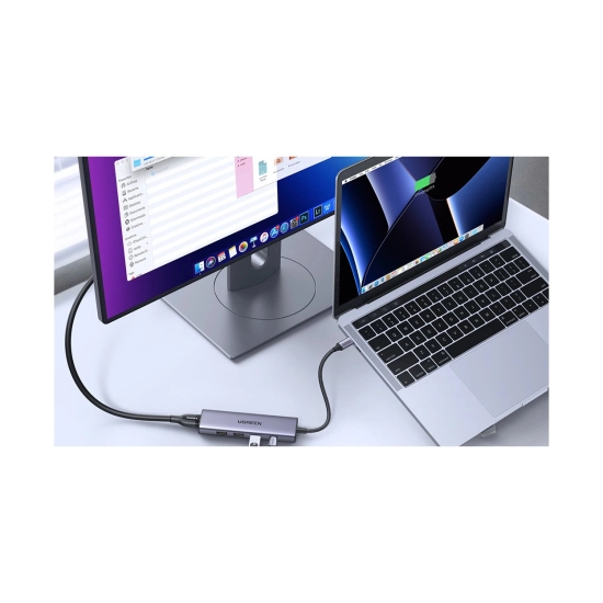 USB HUB UGREEN 5-in-1, USB C na USB C, 3x USB A, HDMI 4K@30fps, Power Delivery, sivi